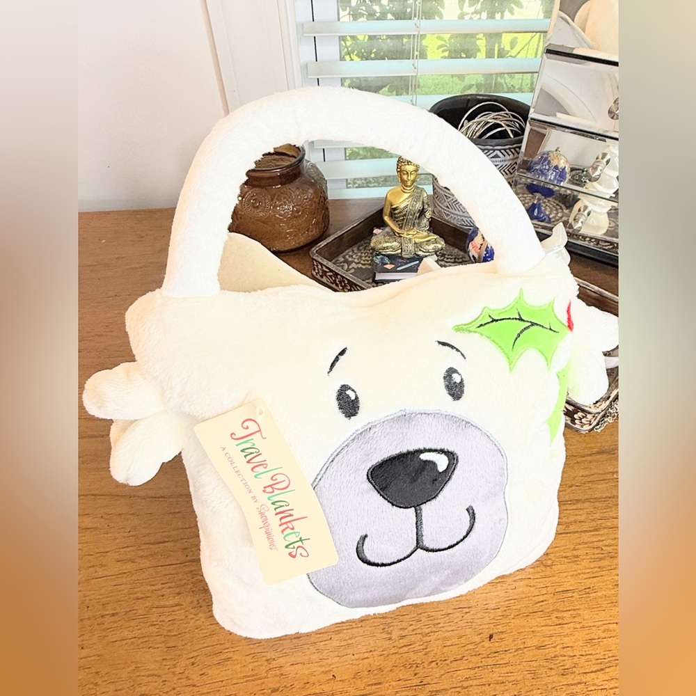 NWT Enesco Travel Blanket Polar Bear Face Bag w/ Blanket 36x40” Holiday Plush